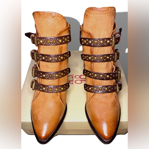 A.S.98 Frankie Studded Tan Leather Buckled Booties - Size 37 / New in Box - Picture 5 of 11